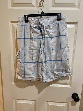OP White Board Shorts with Blue Windowpane
